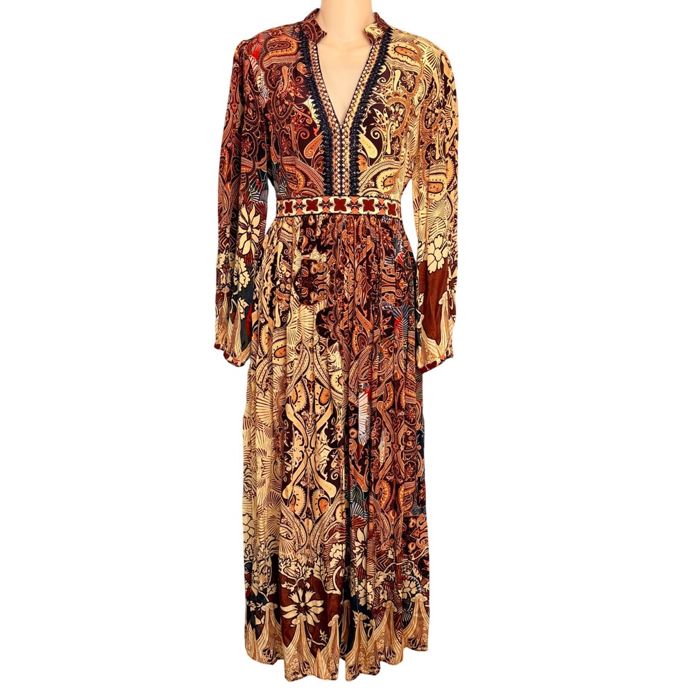 Bhanuni by Jyoti‎ Anthropologie Paisley Sequin V-Neck Maxi Dress Brown Multi 6